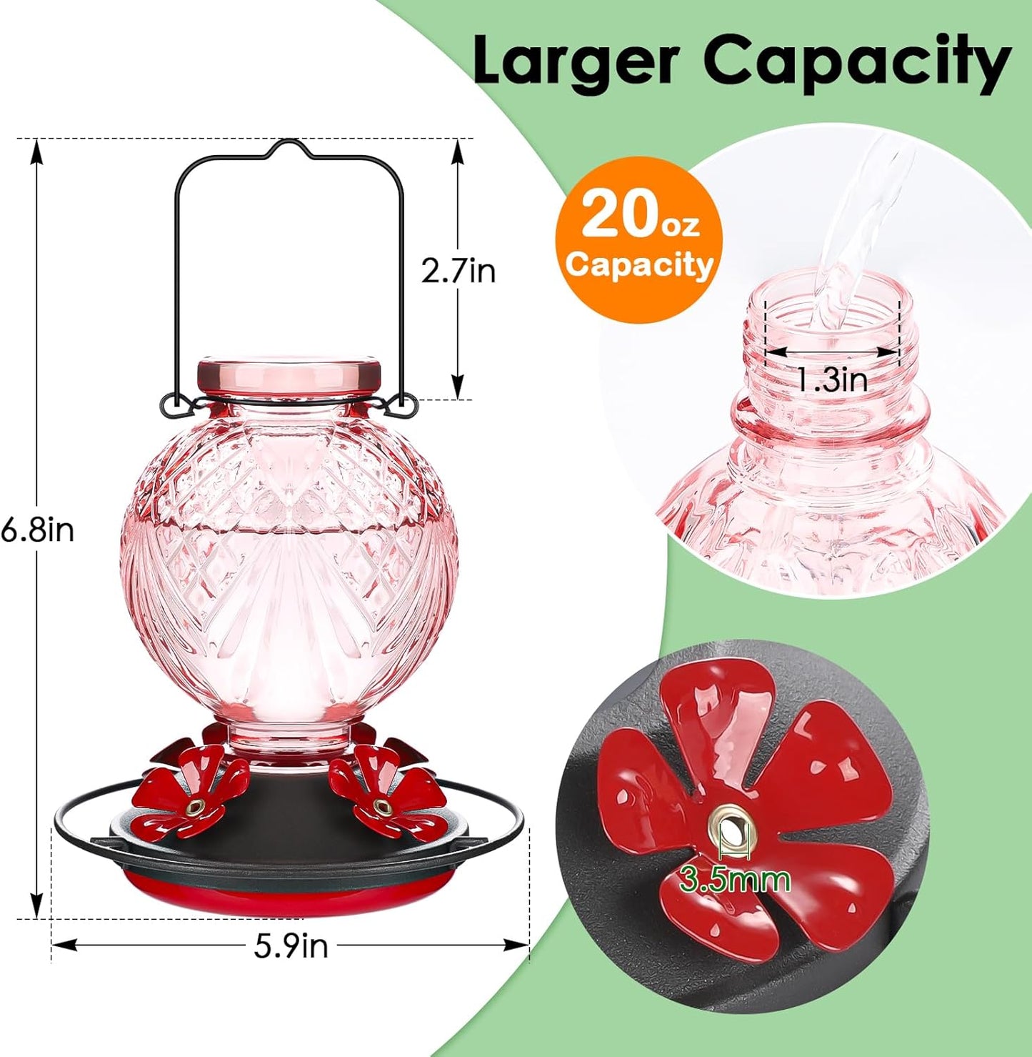 Skiennix Glass Hummingbird Feeder - 20oz Outdoor Nectar Feeder with Bee Guard Ports & Ant Moat | Pink