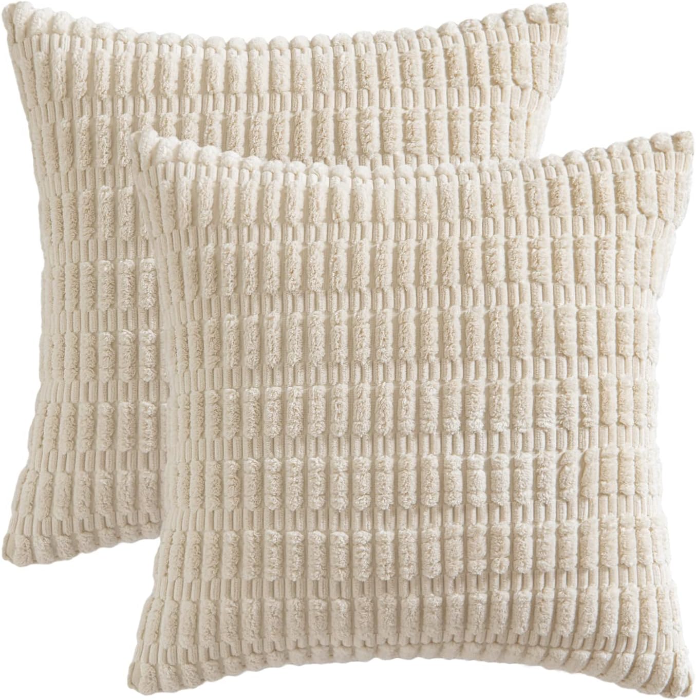 MIULEE Corduroy Throw Pillow Covers - Soft Boho Striped Design | 12x12 Inch Cream White for Modern Farmhouse Decor
