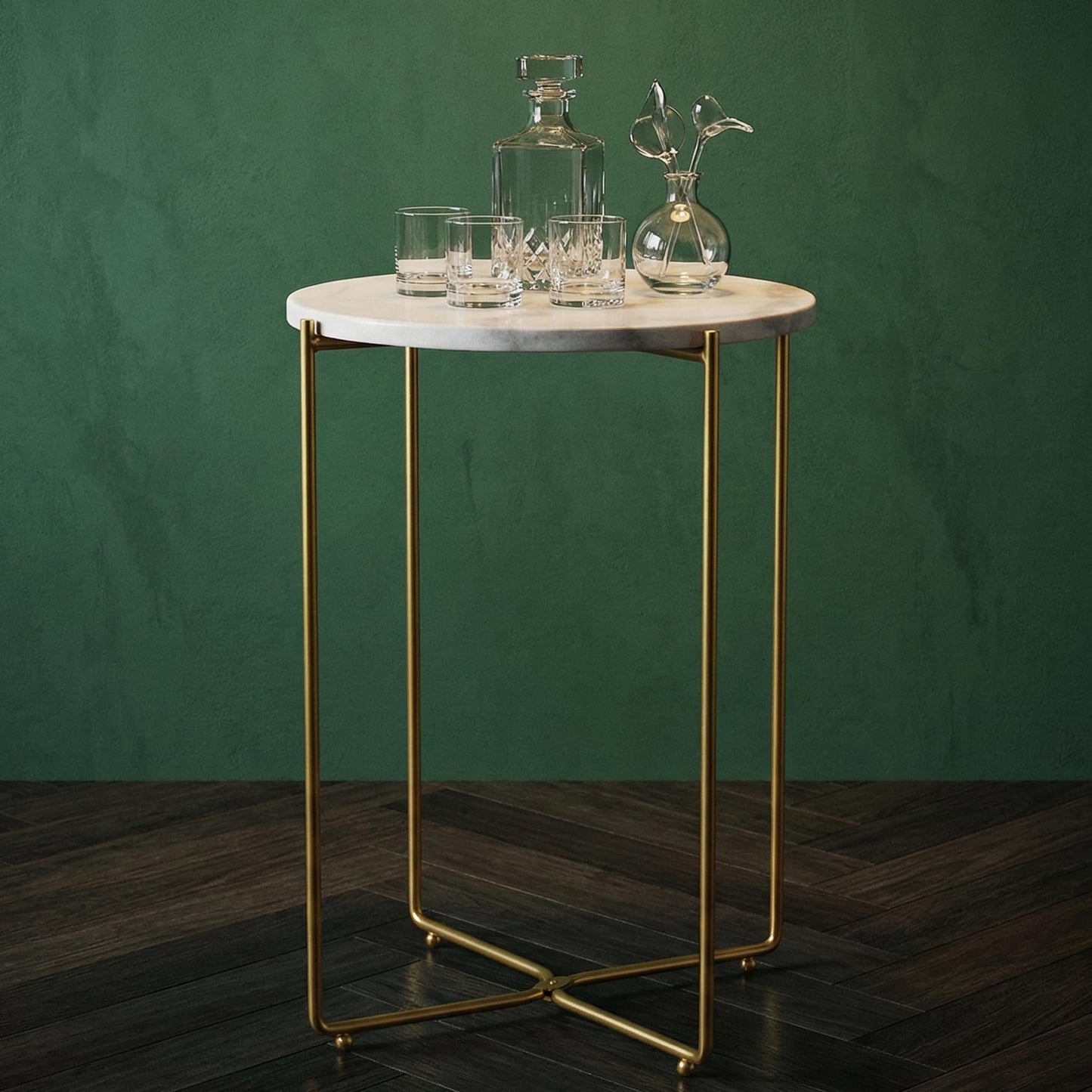 ALPOME Real Marble Side Table, No Assembly Required Round End Table for Living Room, 15" Modern Small Accent Bedside Table with Gold Metal Legs, Waterproof Nightstand for Sofa, Bedroom, White