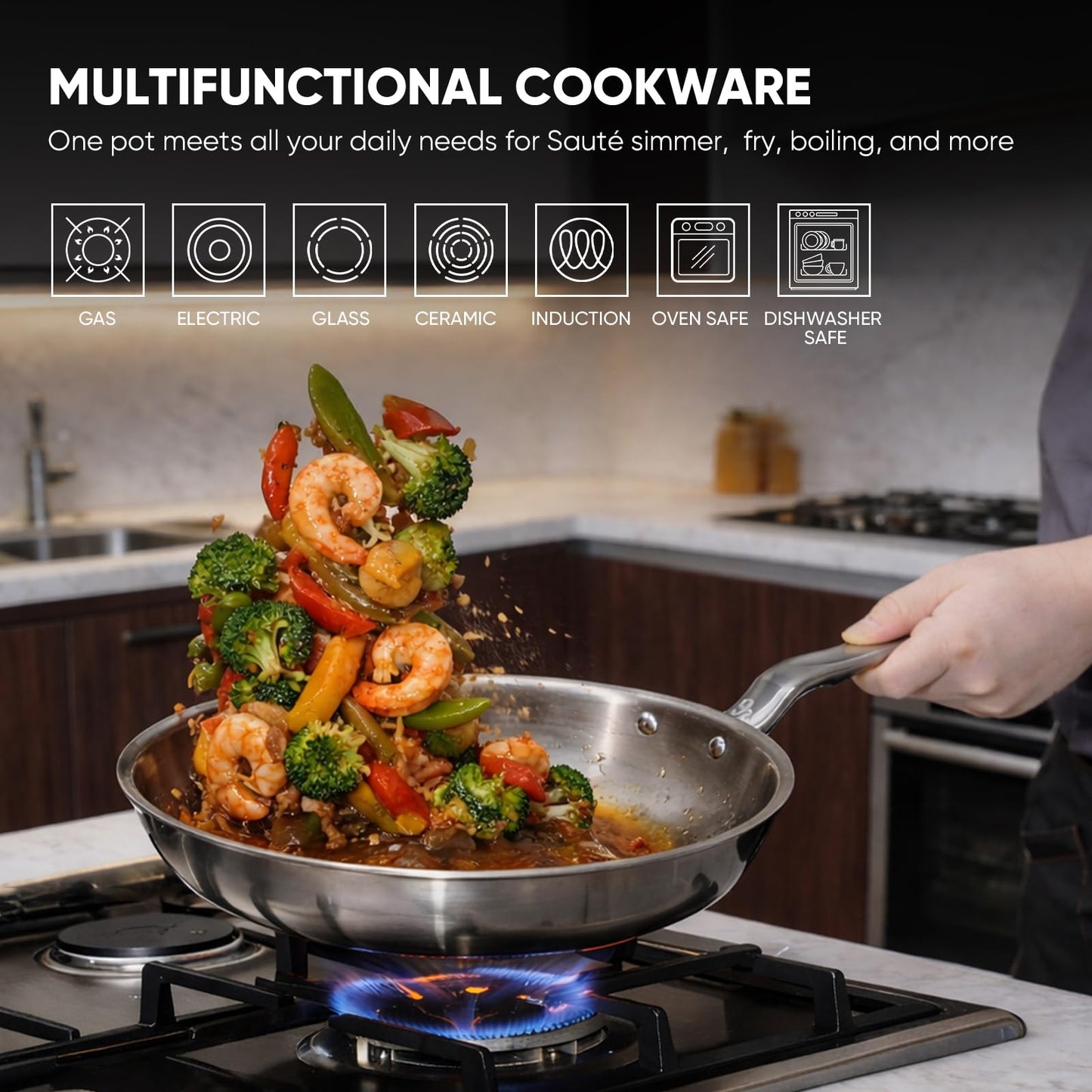 GLOBEHOME 10 Inch Stainless Steel Frying Pan - 5 Ply Stainless Clad Skillet with Aluminum Core, Durable and Even Heating, Professional Cookware for Induction, All Stoves, Oven and Dishwasher Safe