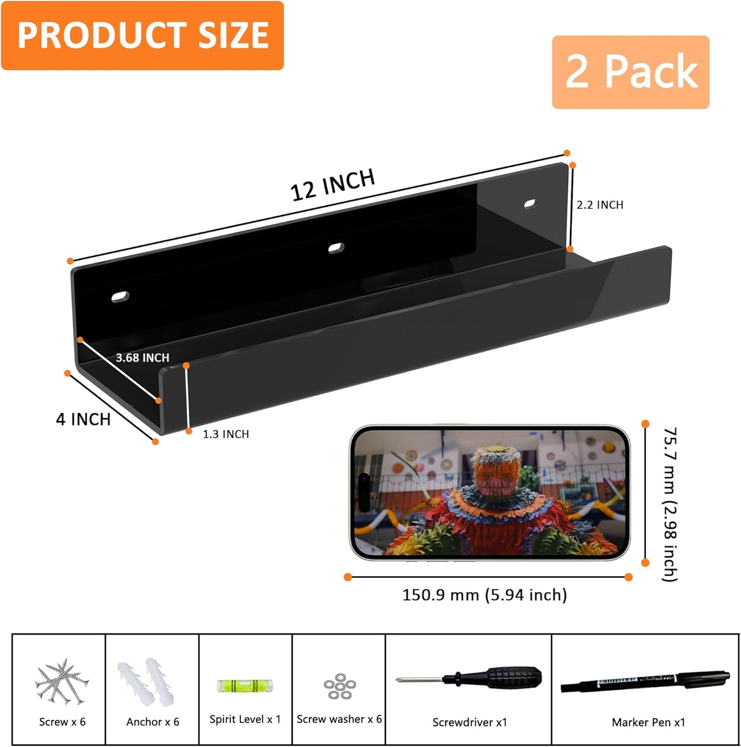 Skiennix 12-Inch Black Acrylic Wall Shelf - Stylish Wall-Mounted Storage Display | 2 Pack