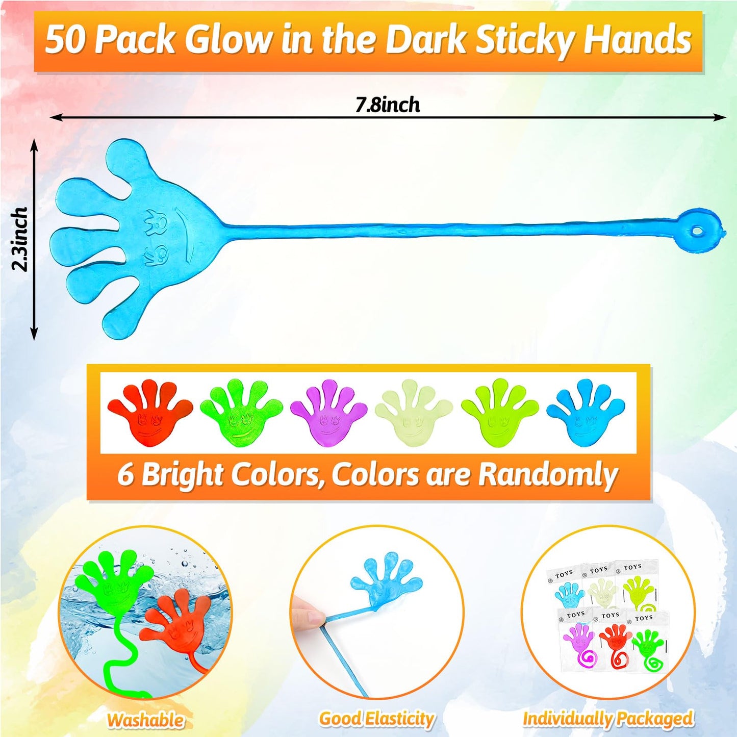 NatNarr 50 PCS Glow Sticky Hands Party Favor for Kids Holiday Traditions Goodie Bags Stuffers Glow Sticky Hands Toys End of Year Student Gifts Classroom Prizes Treasure Box Birthday Party Favors