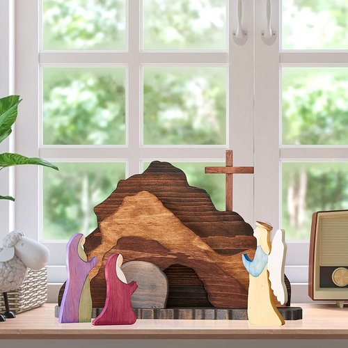 Easter Resurrection Scene Set, Easter Wooden Decorations Religious, Jesus Nativity Christ Statue Decoration, Empty Tomb Tabletop Ornaments Cross Figurines Decor Gift for The Home, Tabletop, Office1