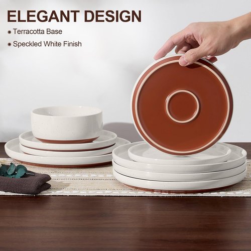 E-far 12-Piece Stoneware Dinnerware Set - Chip & Scratch Resistant, Microwave & Dishwasher Safe, Speckled White