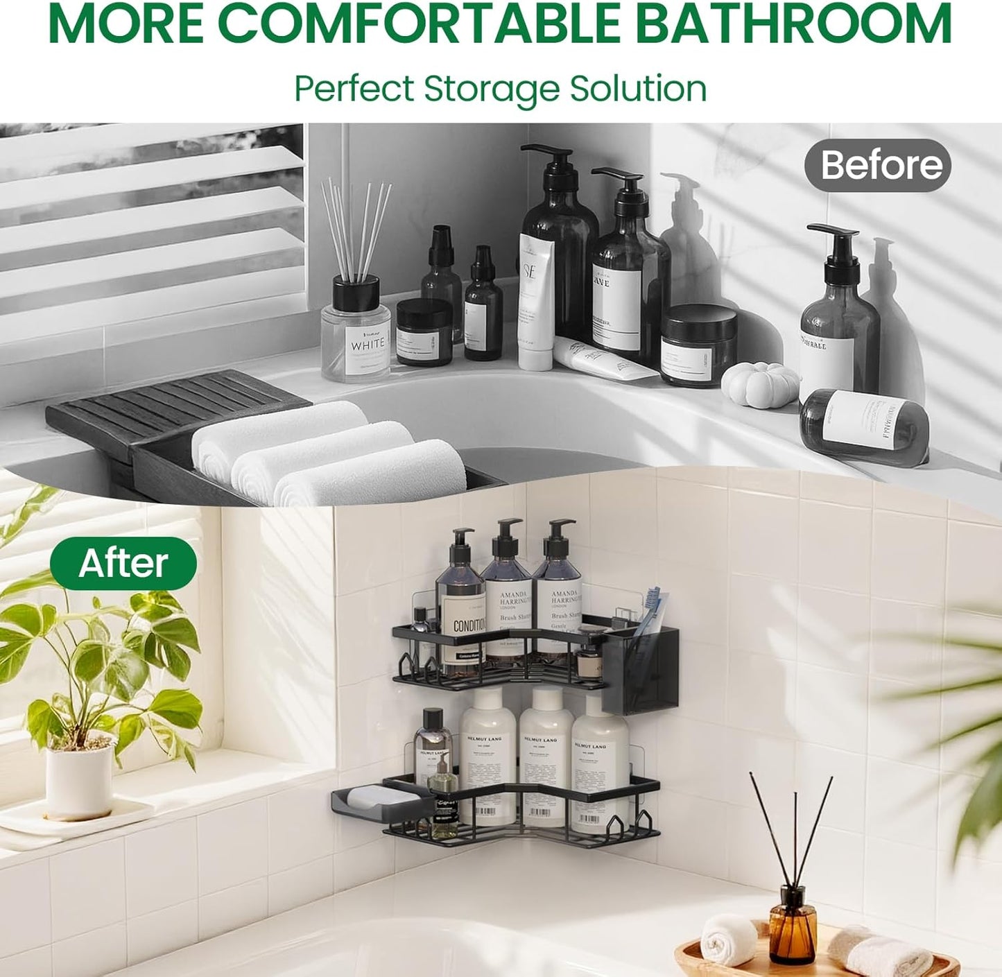Skiennix Adhesive Shower Caddy - 2 Pack Rustproof Stainless Steel Corner Shelves | No Drilling, Large Capacity