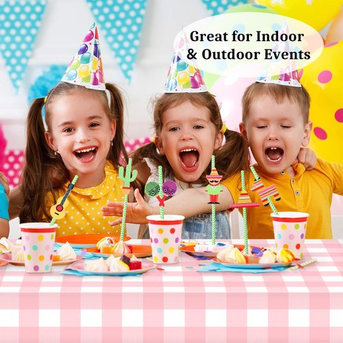 12 Pcs Pink Gingham Tablecloth 54 × 108 Inches Pink and White Checkered Table Cloth Disposable Plastic Waterproof Tablecover for Outdoor Picnic, Birthday Party, Holiday Dinner