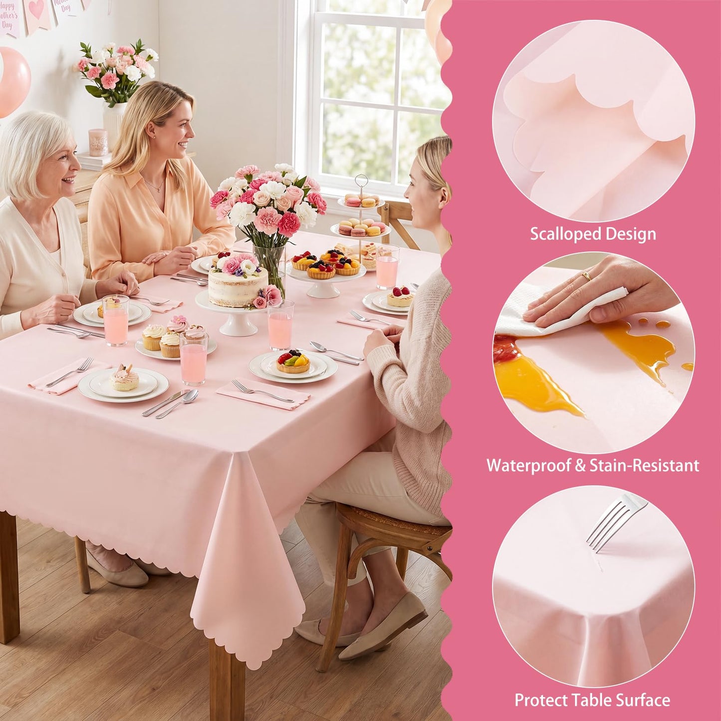 3 Pack Plastic Light Pink Tablecloths, 54 X 108Inch Disposable Spring Tablecloth Scalloped Mother's Day Table Cloth for Rectangle Tables Table Cover for Easter Baby Shower Bridal Tea Party Wedding