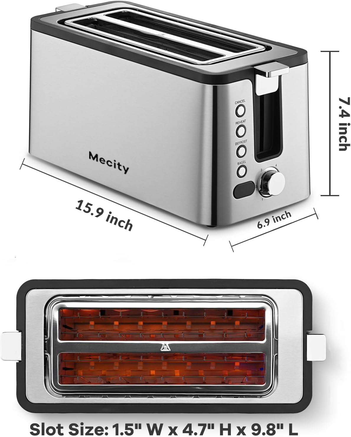Mecity 4-Slice Toaster - Long Slot Design with Countdown Timer & 6 Browning Settings | Stainless Steel