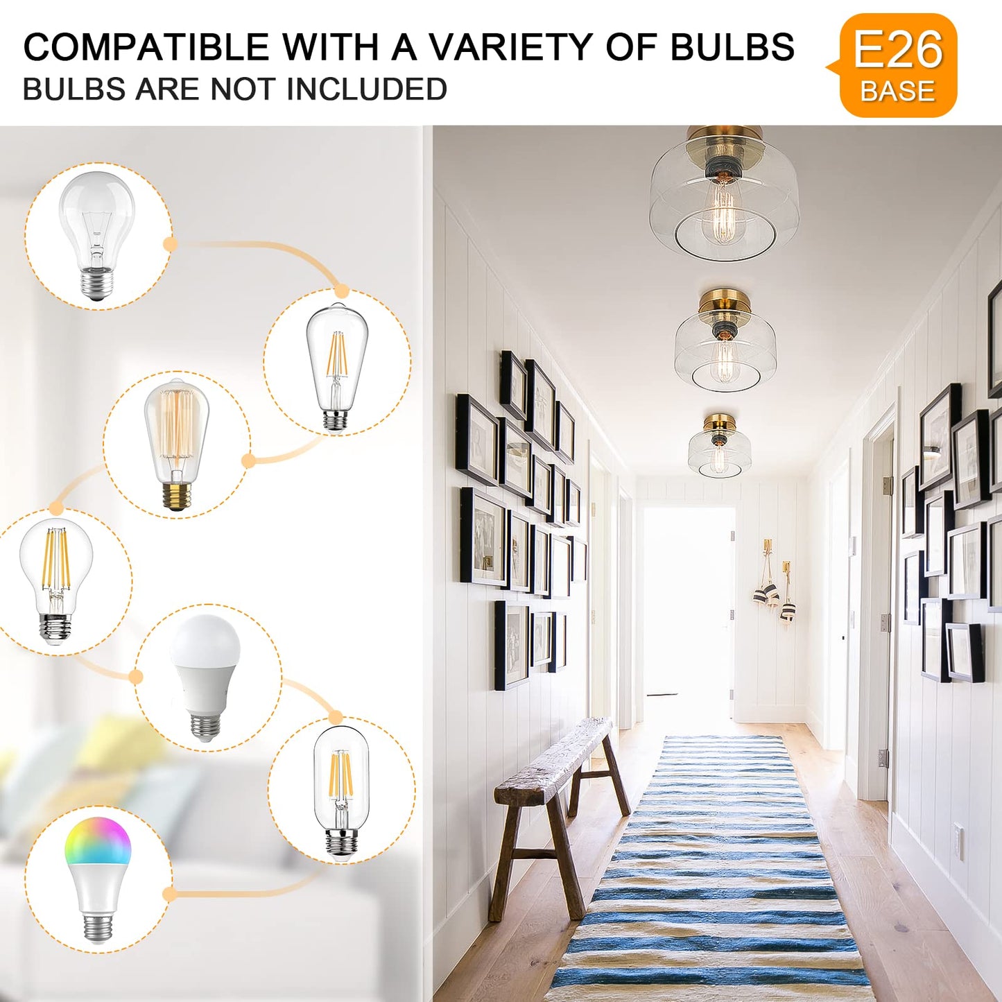 MAXvolador Industrial Semi Flush Mount Ceiling Light Gold, Clear Glass Pendant Lamp Shade, Farmhouse Lighting Hallway, Vintage Hanging Light Fixture