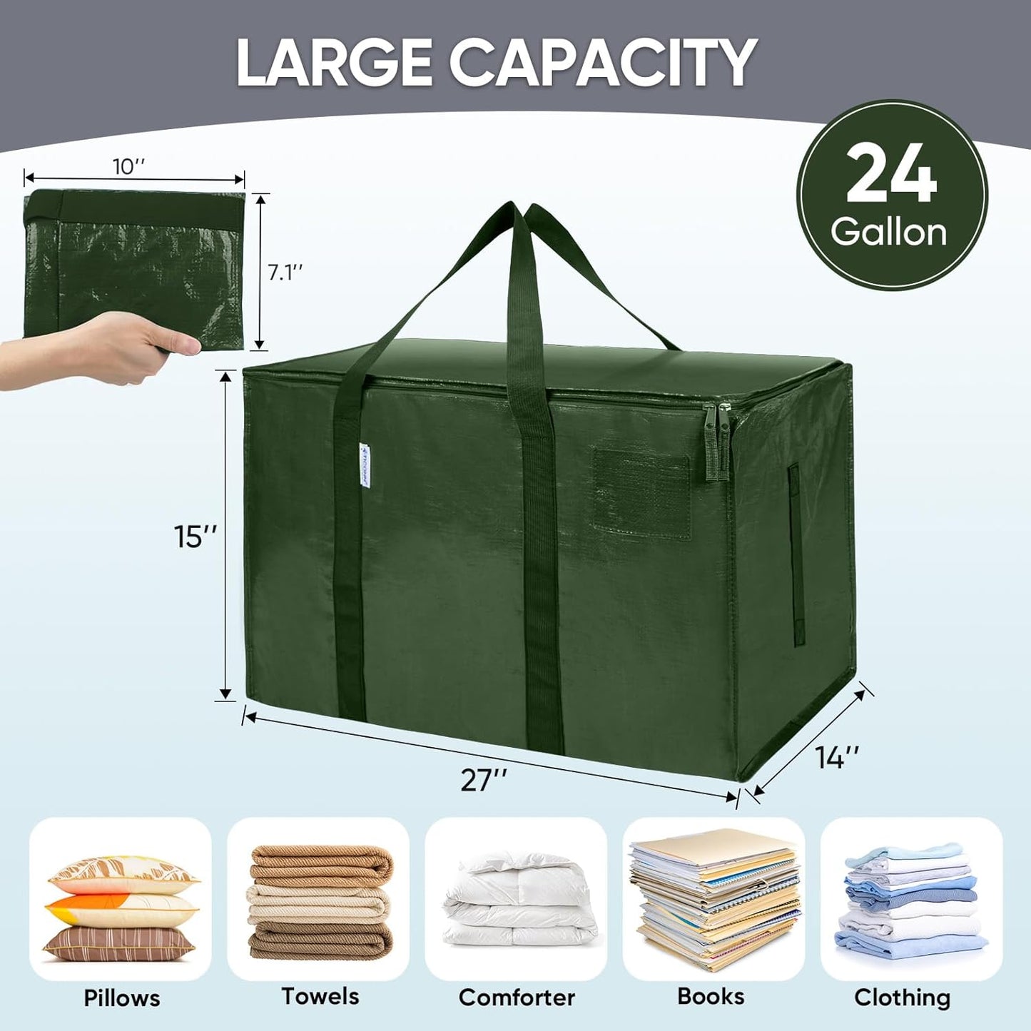 TICONN Extra Large Heavy Duty Moving Bags - Durable Storage with Zippers & Handles | 8 Pack, Olive