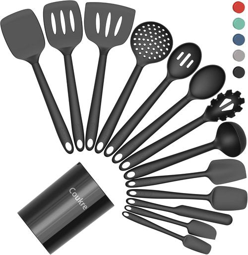 Coukre Silicone Kitchen Utensils Set - Heat-Resistant, Food-Grade Tools with Holder | 14-Piece, Pure Black