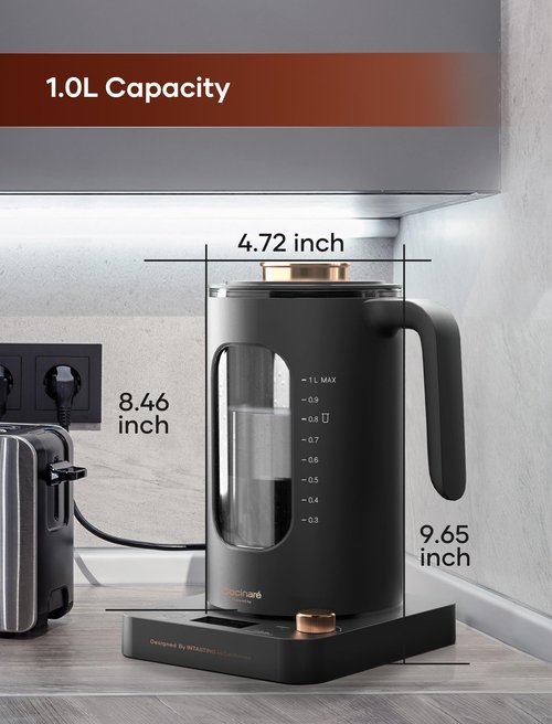 Electric Tea Kettle, INTASTING Glass Electric Kettle with tea Infuser and Precise knob temperature control, 1200W Fast Heating, BPA-Free, Easy to Clean, 1 Liter (Cream White)