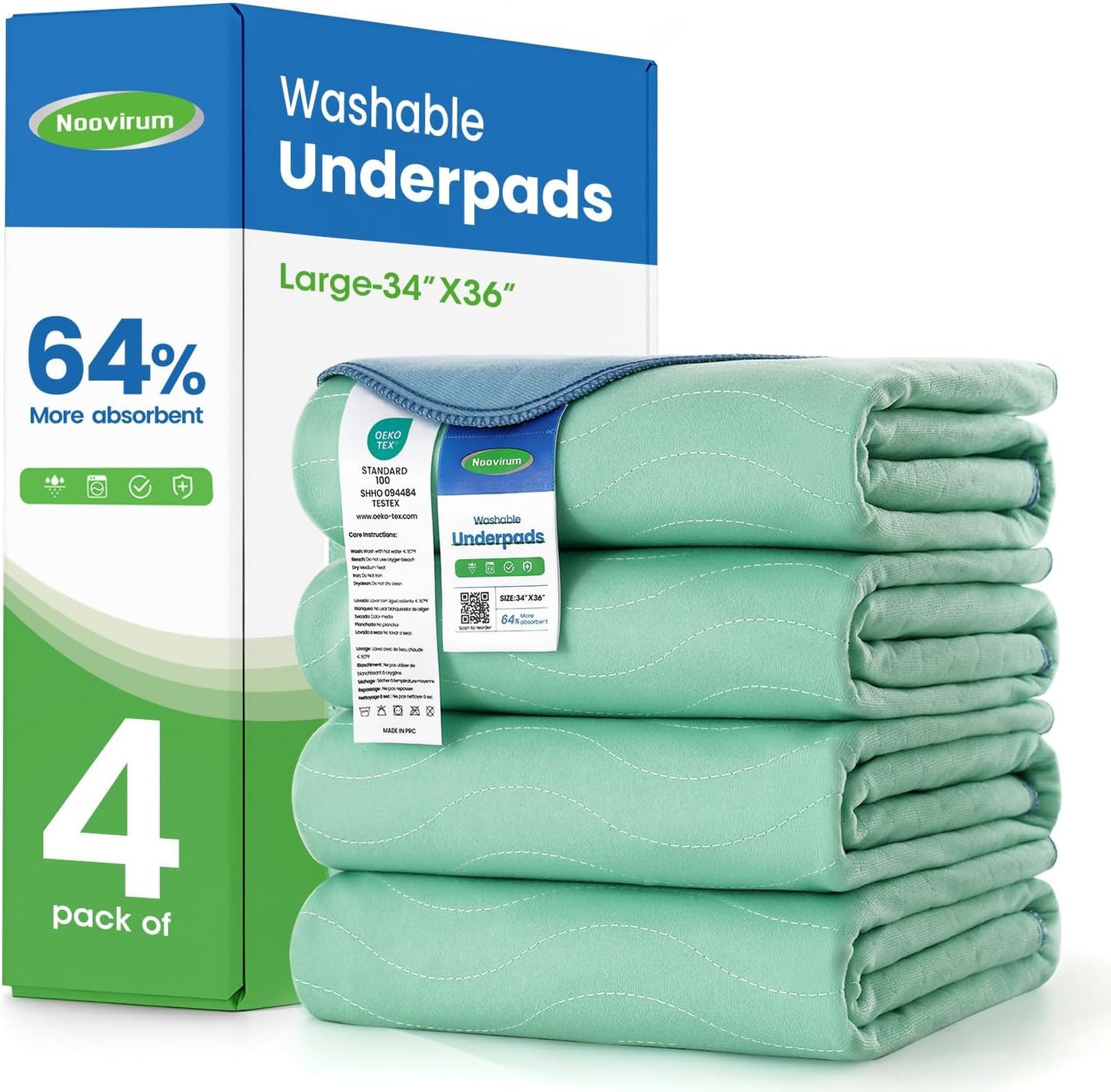 Noovirum® Washable Underpads - Heavy Absorbency Incontinence Bed Pads | 34"x36" (Pack of 4) - Waterproof & Reusable for Adults, Kids & Pets