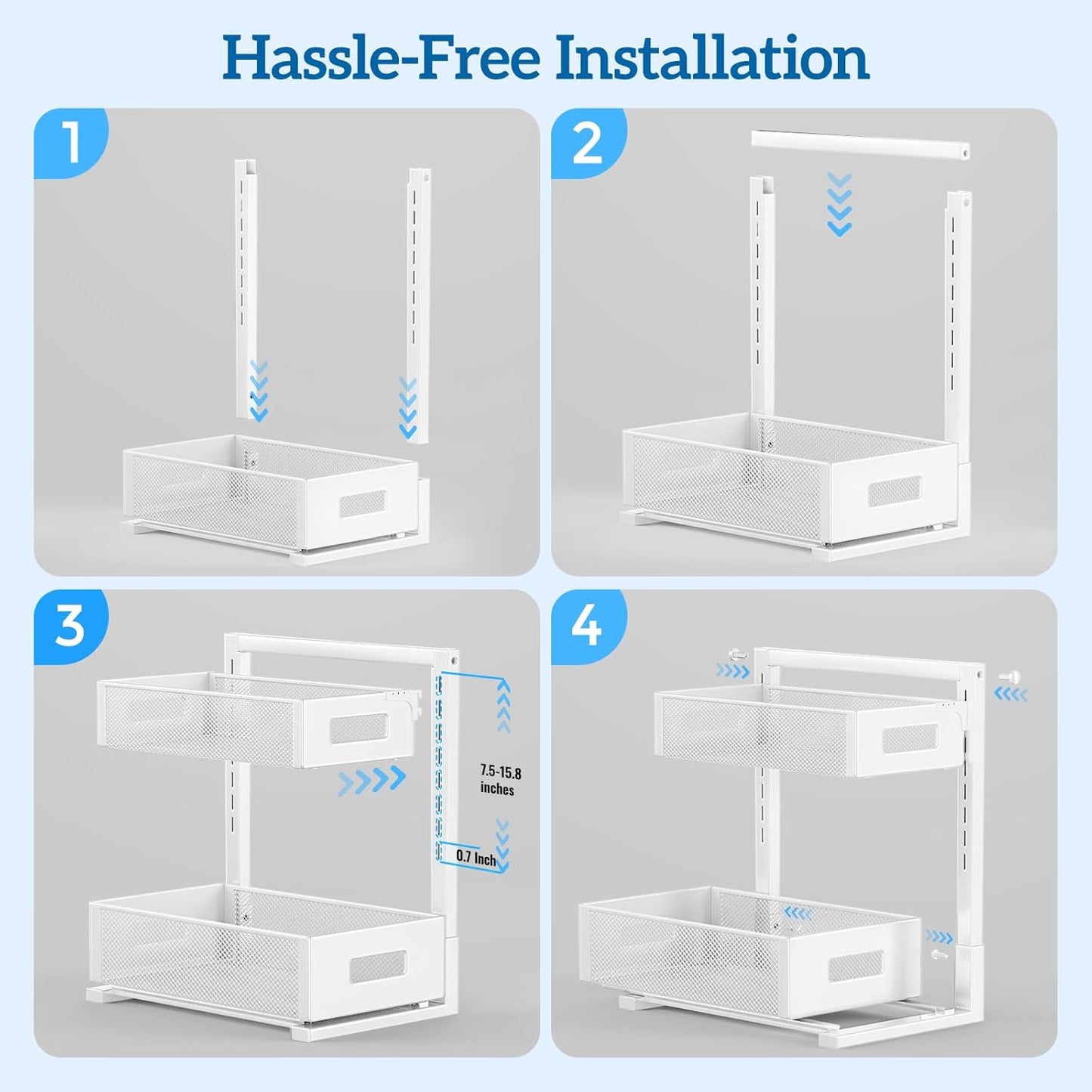 Skiennix Kitchen & Bathroom Organizer - Upgraded Guide Rail Design for Smooth Pull-Out | XL White Cabinet Storage
