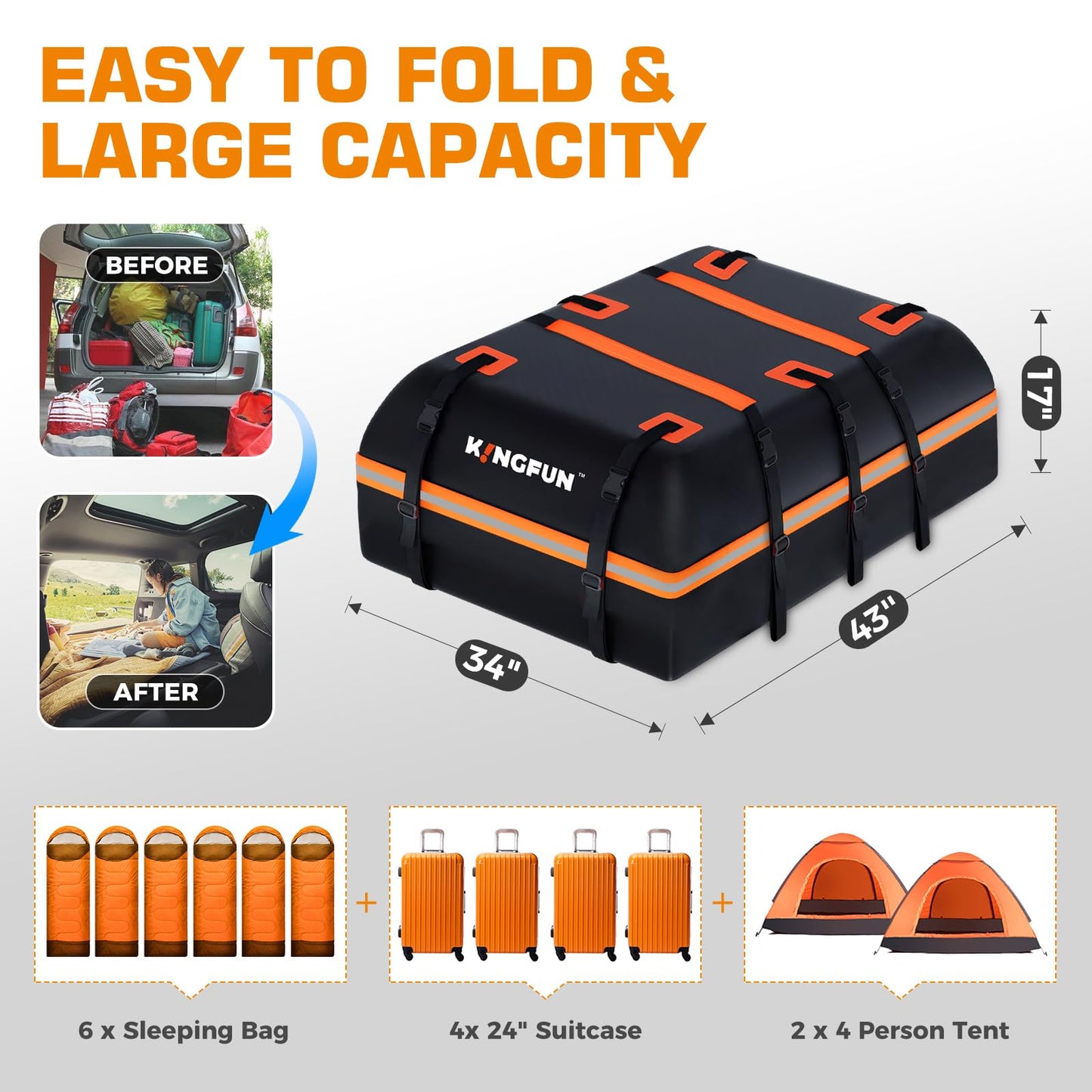 Kingfun Car Rooftop Cargo Carrier Bag, Waterproof 20 Cubic Feet Car Roof Luggage Carrier for All Vechicles with/Without Racks, Includes Anti-Slip Mat, 8 Reinforced Straps, 6 Door Hooks, Luggage Locks
