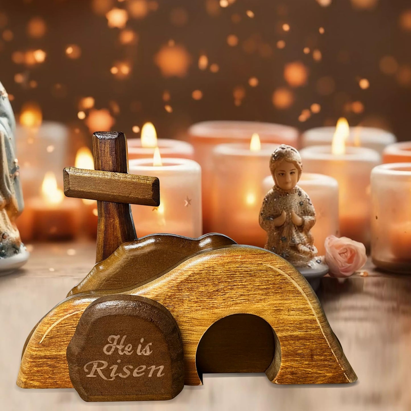 JNYVE Easter Scene Wooden Decorations - Empty Tomb Resurrection Scene and Cross Decor - Jesus Christian Religious Tomb Signs Tiered Tray Decoration for the Home Table Office