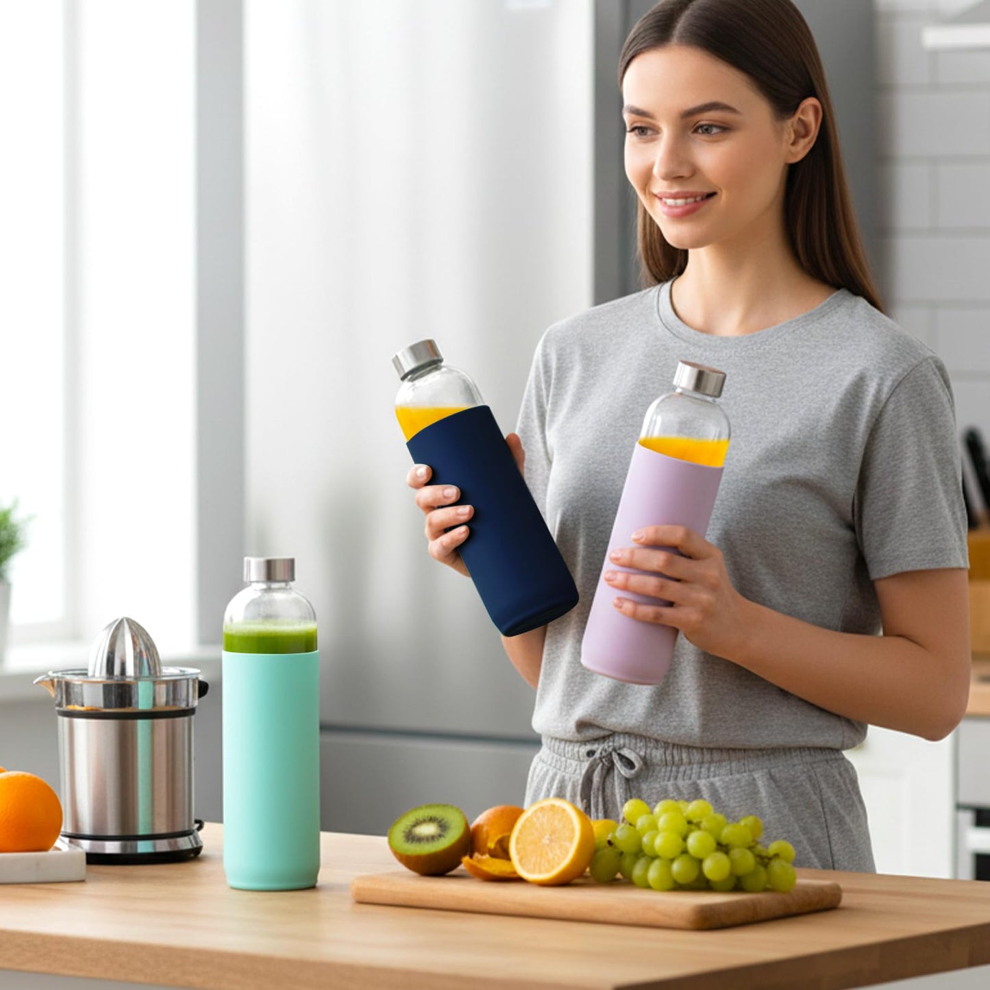 Luxfuel 32 oz Glass Juice Bottles with Lids and Silicone Sleeve, Reusable Refillable Water Bottles for Juicing, Refrigerator,100% Leak Proof, BPA Free, Clear Glass Set of 3