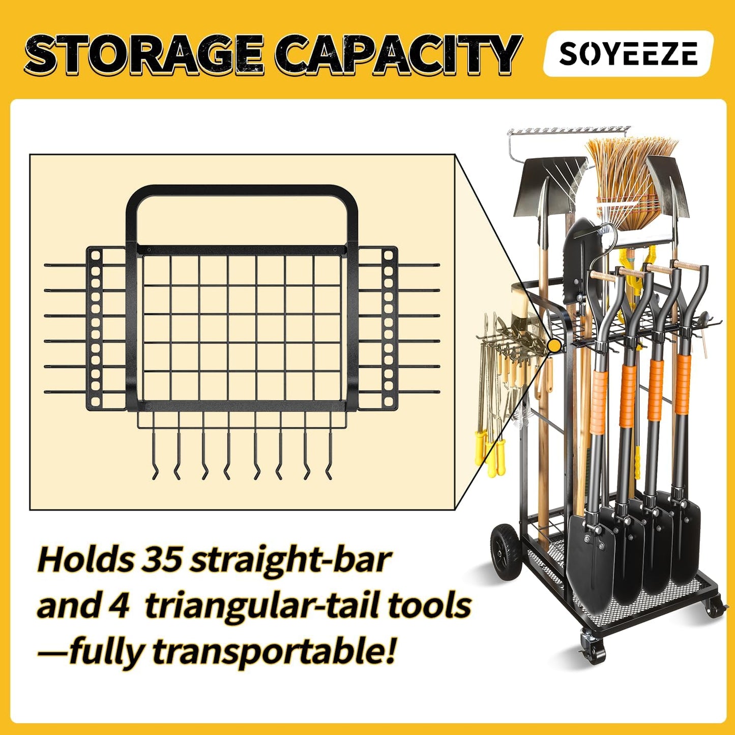 SOYEEZE Garden Tool Organizer - Heavy Duty 3-Tier Rack with Large Wheels | Holds 35 Long-Handled Tools