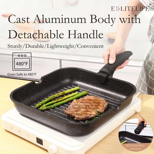 ESLITE LIFE Nonstick Grill Pan with Detachable Handle, Versatile Square Skillet for Indoor Cooking & Outdoor Grilling, PFOA Free, Black-11 Inch
