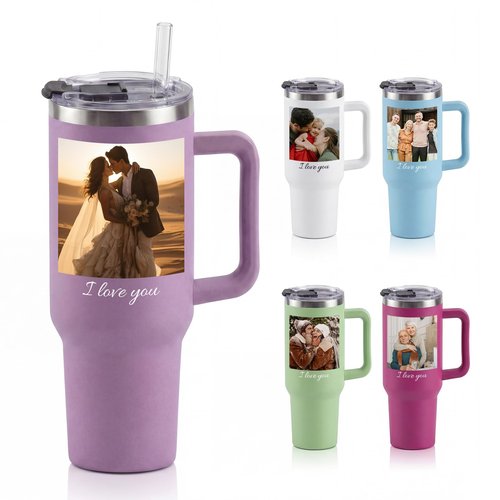 Custom 40 oz Tumbler with Picture & Name, Personalized Insulated Stainless Steel Tumbler with Handle and Straw, Bridesmaid Graduation Mother's Day Father's Day Anniversary Birthday Wedding Gift