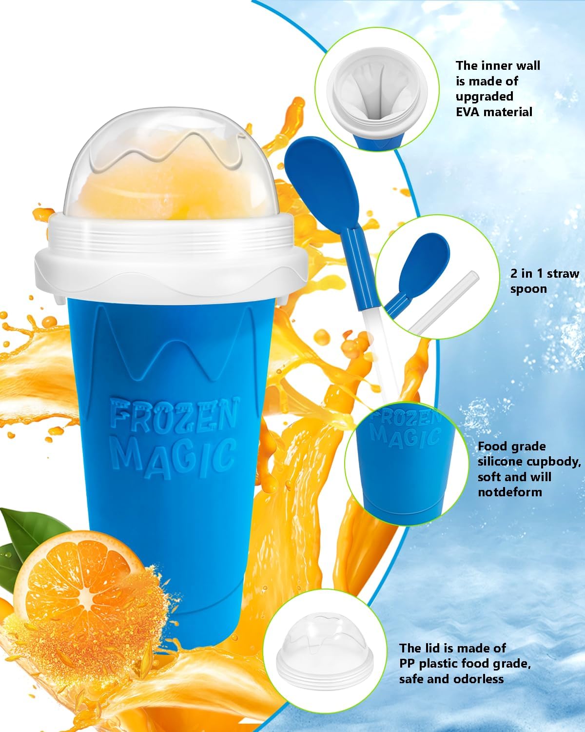 **Slushie Cup - DIY Magic Slushy Maker with Lid & Straw | Portable Double-Layer Design for Juices & Ice Cream (Blue)**