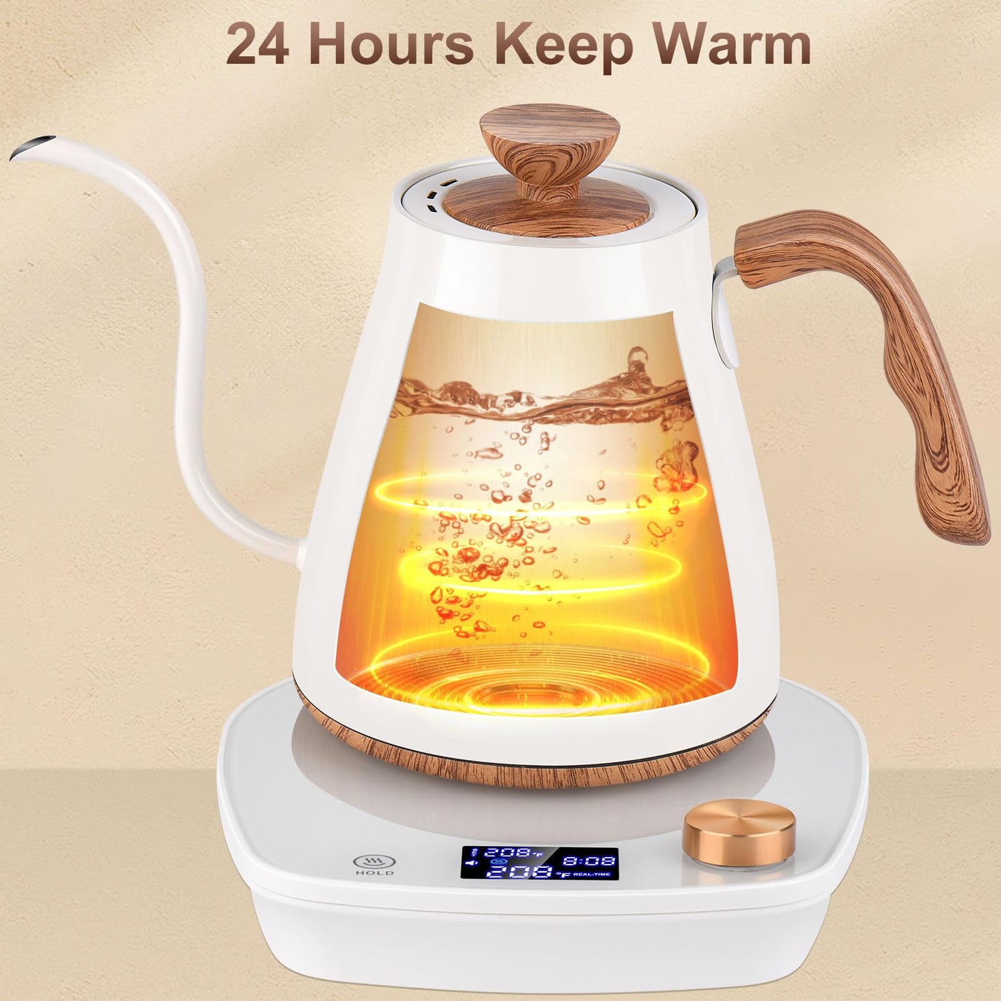 YDDZZM Gooseneck Electric Kettle, Intelligent Temperature Control, Stainless Steel Inner, Quick Heating, for Pour Over Coffee, Brew Tea, Boil Hot Water, 1000W 0.9L Cream White