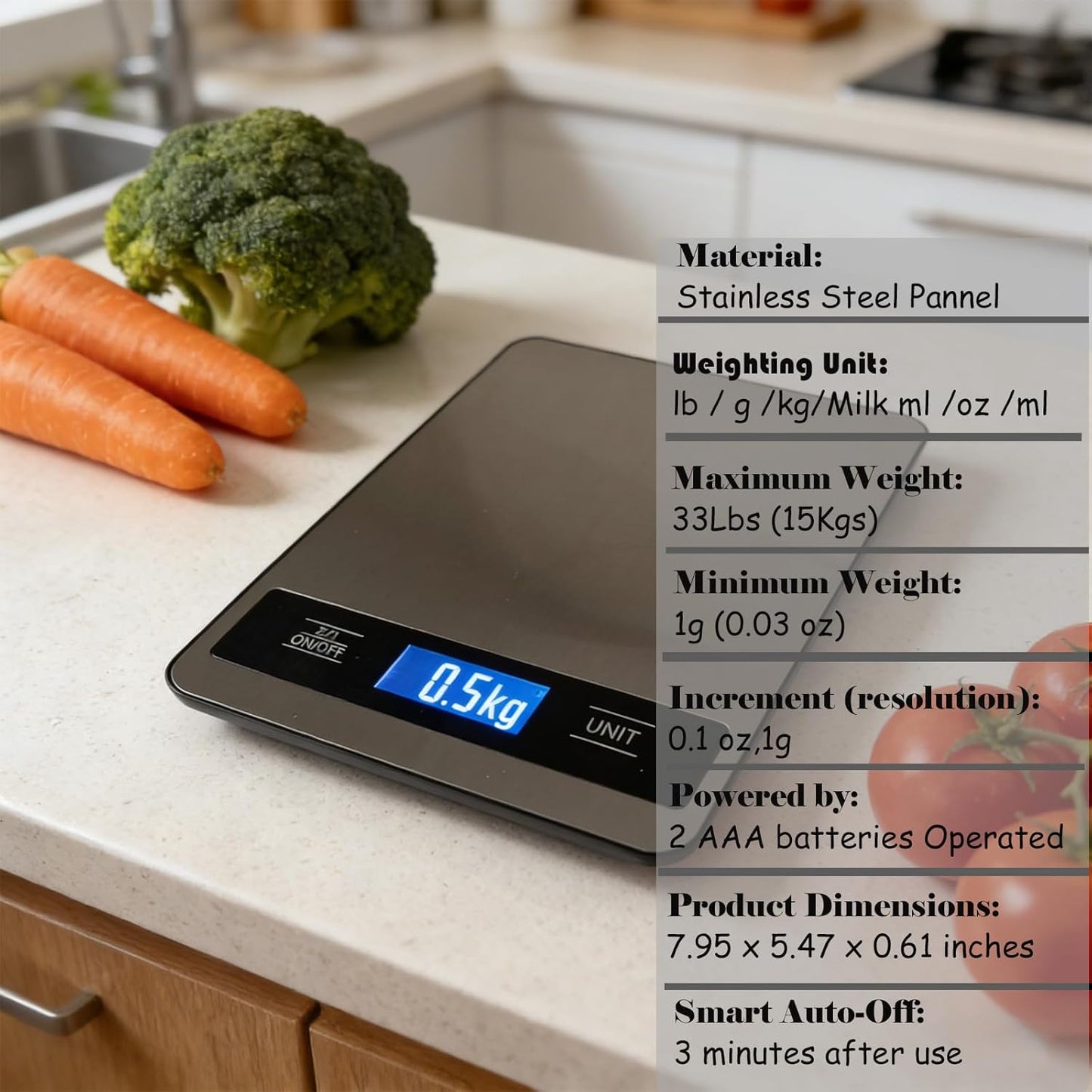 Skiennix Digital Food Kitchen Scale - 33lb/15kg Capacity, 1g Precision, Stainless Steel Panel, Easy-Tare | Silver