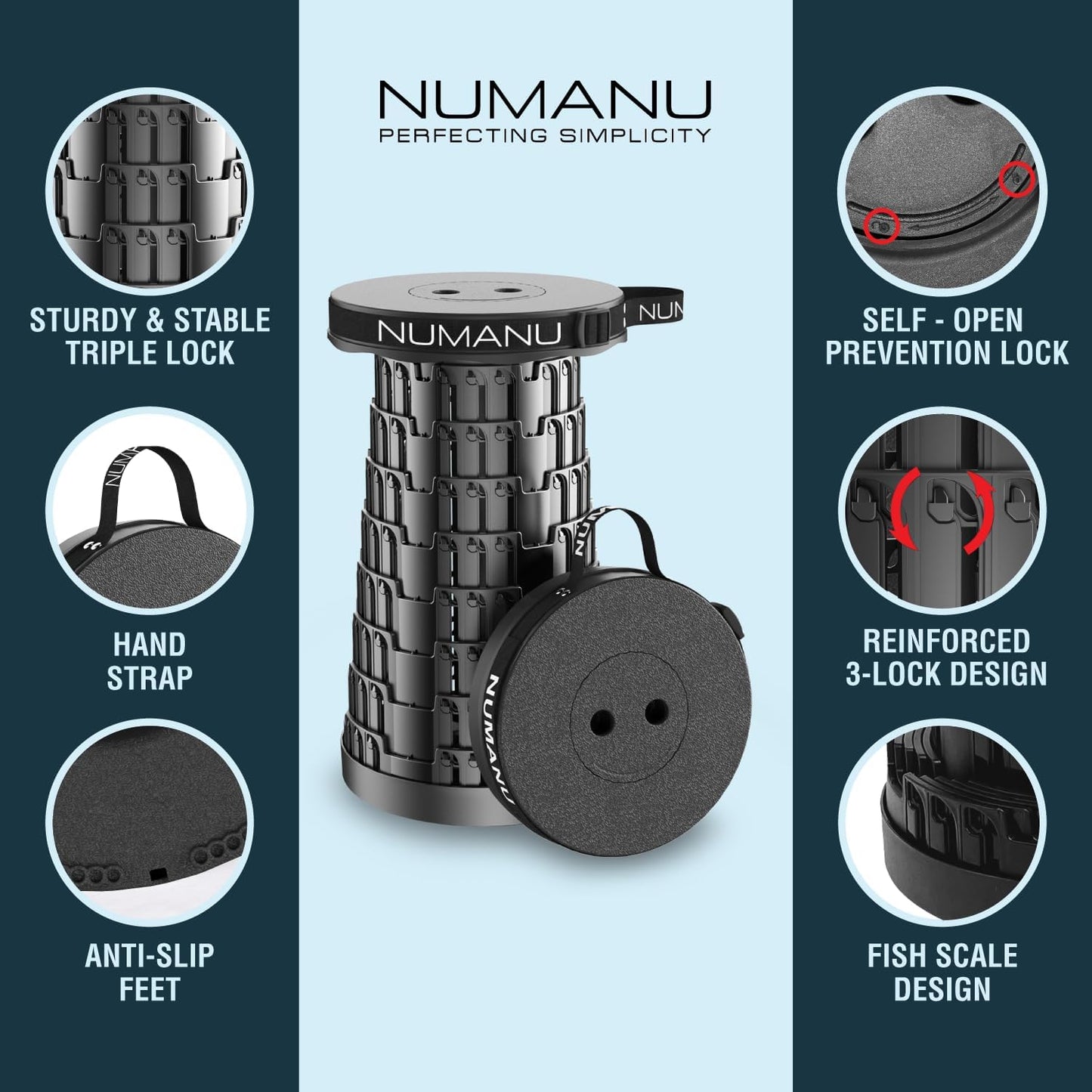 NUMANU Collapsible Stool - Upgraded 2026 Design, Max 620lbs Capacity, 18" Adjustable Height, Portable Folding Chair