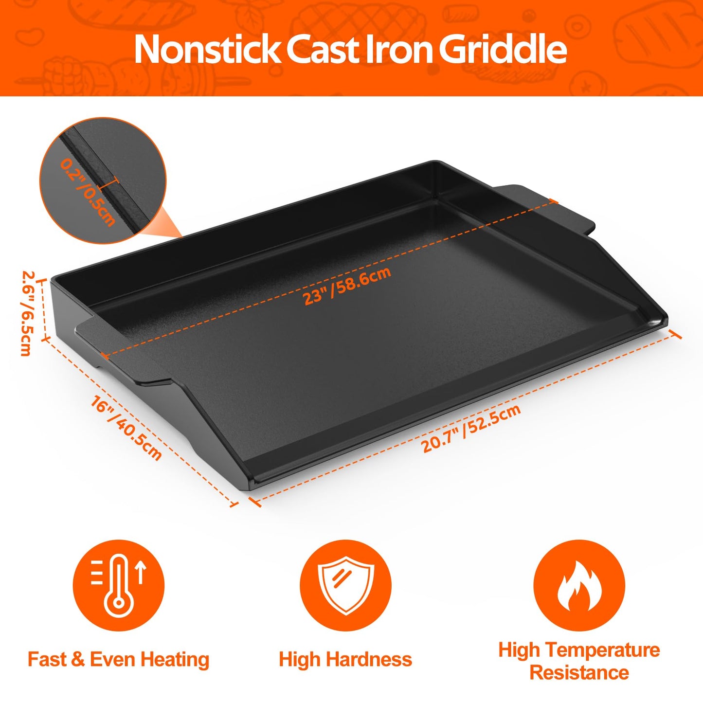 Onlyfire Universal Cast Iron Cooking Griddle, Pre-Seasoned Nonstick Coating Griddle Flat Top Grill Plate with Extra High Sidewalls for All Gas Grills and 4 Burner Range Oven, 23" x 16"