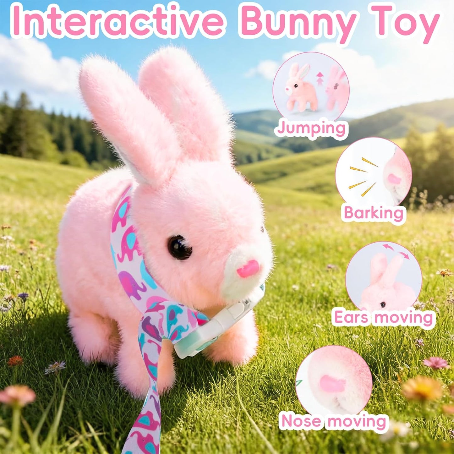 Skiennix Hopping Bunny Plush Toy - Interactive Electronic Pet with Sounds & Movements | Pink for Toddlers' Birthdays & Easter