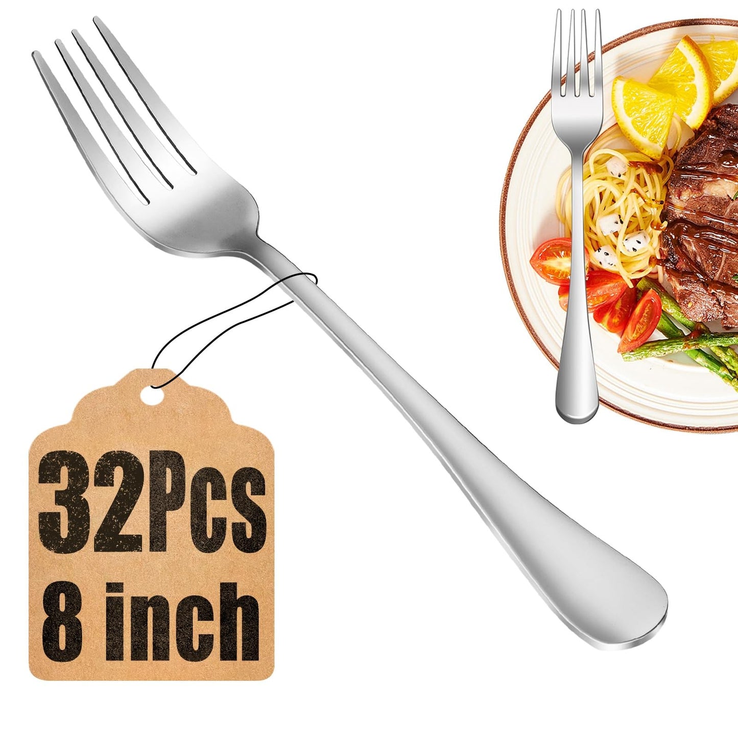 32 Piece Dinner Forks Set, Food-Grade Stainless Steel Silverware Forks, Cutlery Fork, Metal Fork for Home, Kitchen or Restaurant, Mirror Polished, Dishwasher Safe - 8 Inch