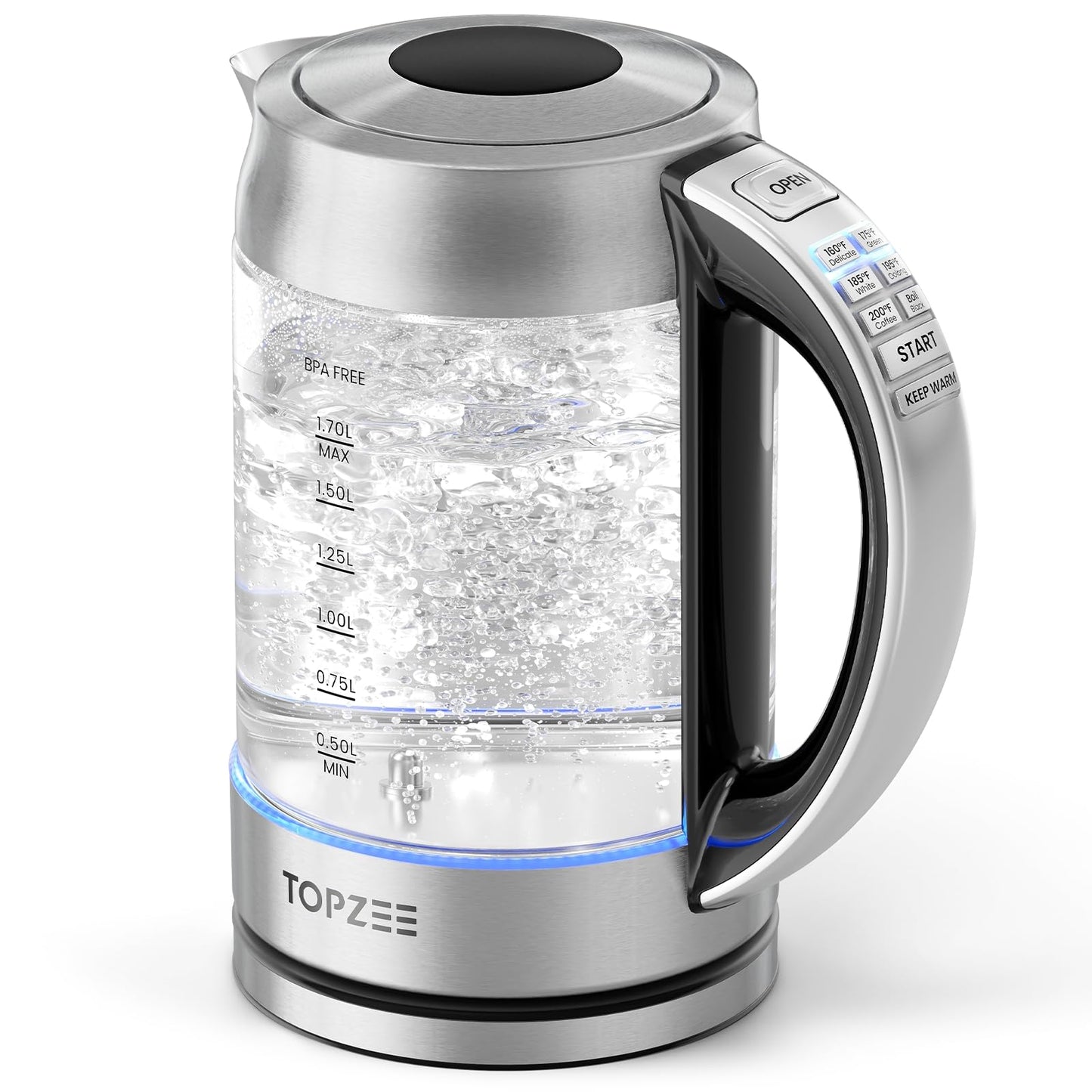TOPZEE 1.7L Glass Electric Kettle for Coffee & Tea, Hot Water Boiler with 6 Preset Temperatures, Keep Warm and Memory Function, Auto Shut-off & Dry Boil Protection, BPA Free, Rapid Boil, 1500W, Silver
