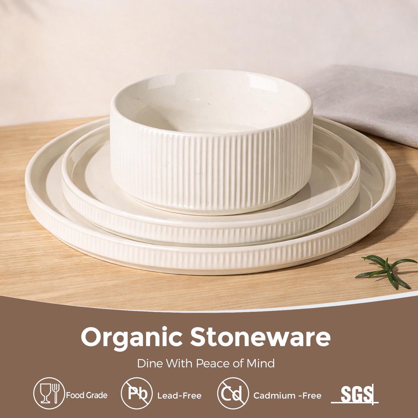 GBHOME Stoneware Dinnerware Sets for 6, 18 Pieces Ceramic Ribbed Plates and Bowls Set, Reactive Glaze Stackable Plate Sets, Scratch Resistant Dishes, Microwave & Dishwasher Safe