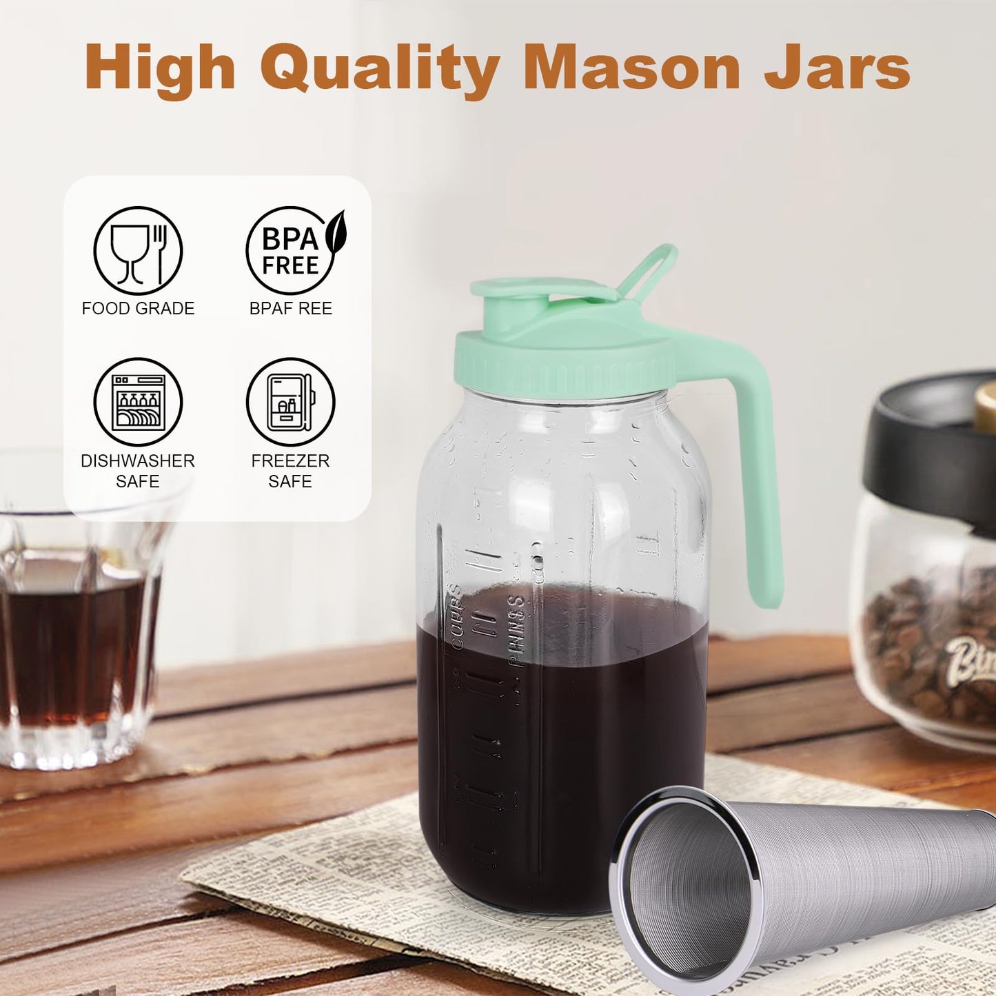 Cold Brew Coffee Maker，64 oz Wide Mouth Mason Jar Pitcher with Stainless Steel Filter, Pour Spout Handle Lid, Heavy Duty Glass Airtight & Leak-Proof for Iced Coffee Tea & Lemonade-Green