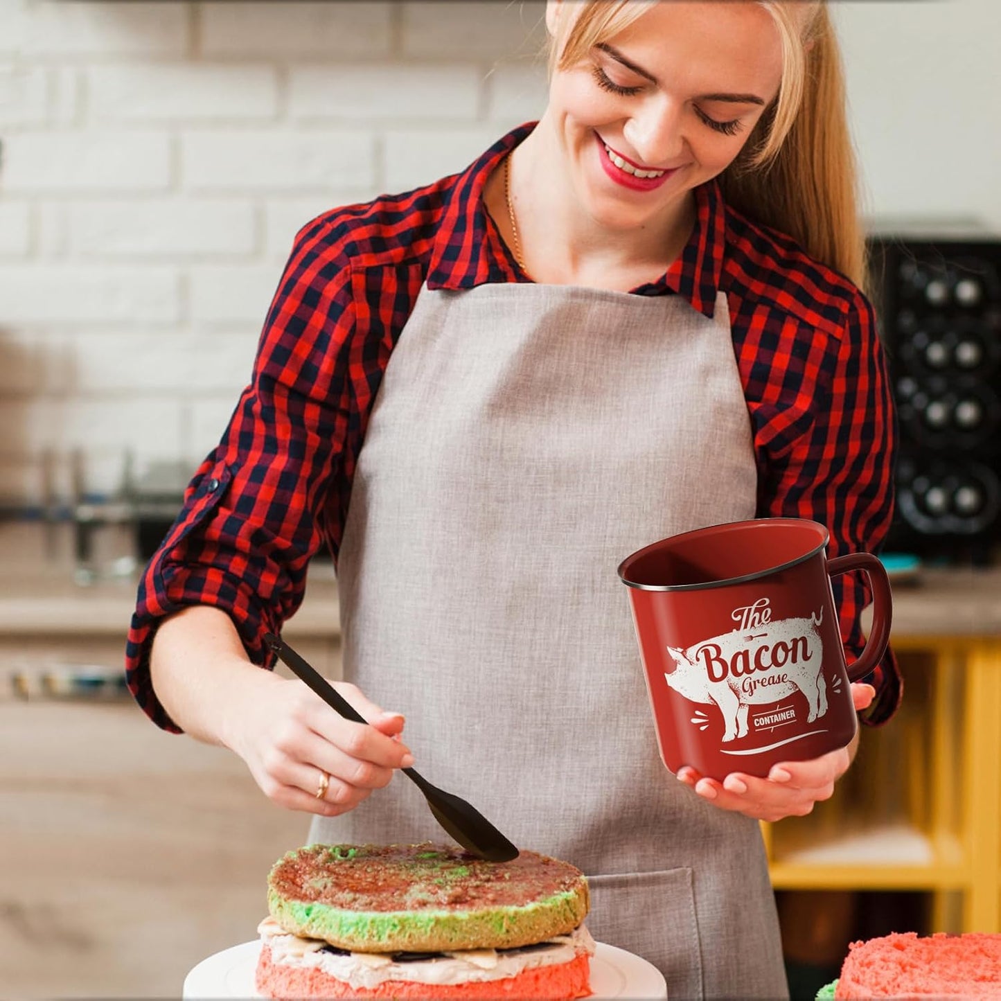 Regine Switzerland Bacon Grease Container - 46oz Enamel Keeper with Strainer & Silicone Spatula | Dishwasher Safe, Red