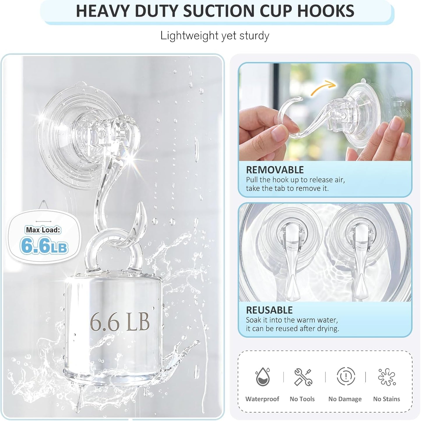 VIS'V Suction Cup Hooks - Heavy Duty, Removable & Reusable Shower Hooks | Clear, 4 Pack
