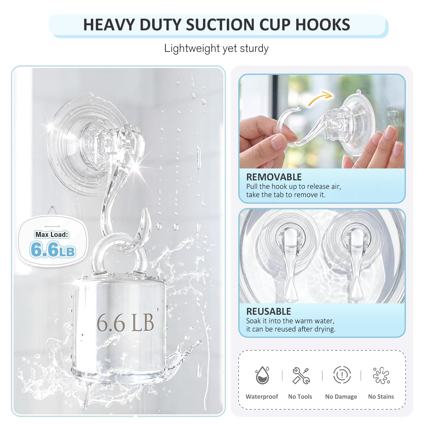 VIS'V Suction Cup Hooks, Small Shower Suction Hooks with Wipes, Heavy Duty, Removable and Reusable, Clear, 4 Pcs