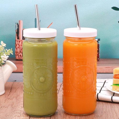 Encheng 12 Pack 16oz Glass Juice Bottles,Reusable Juicing Bottles with Lids and Straws,Embossed Juice Containers Kombucha Bottle Smoothies Jars for Water, Iced Coffee,Party,Travel