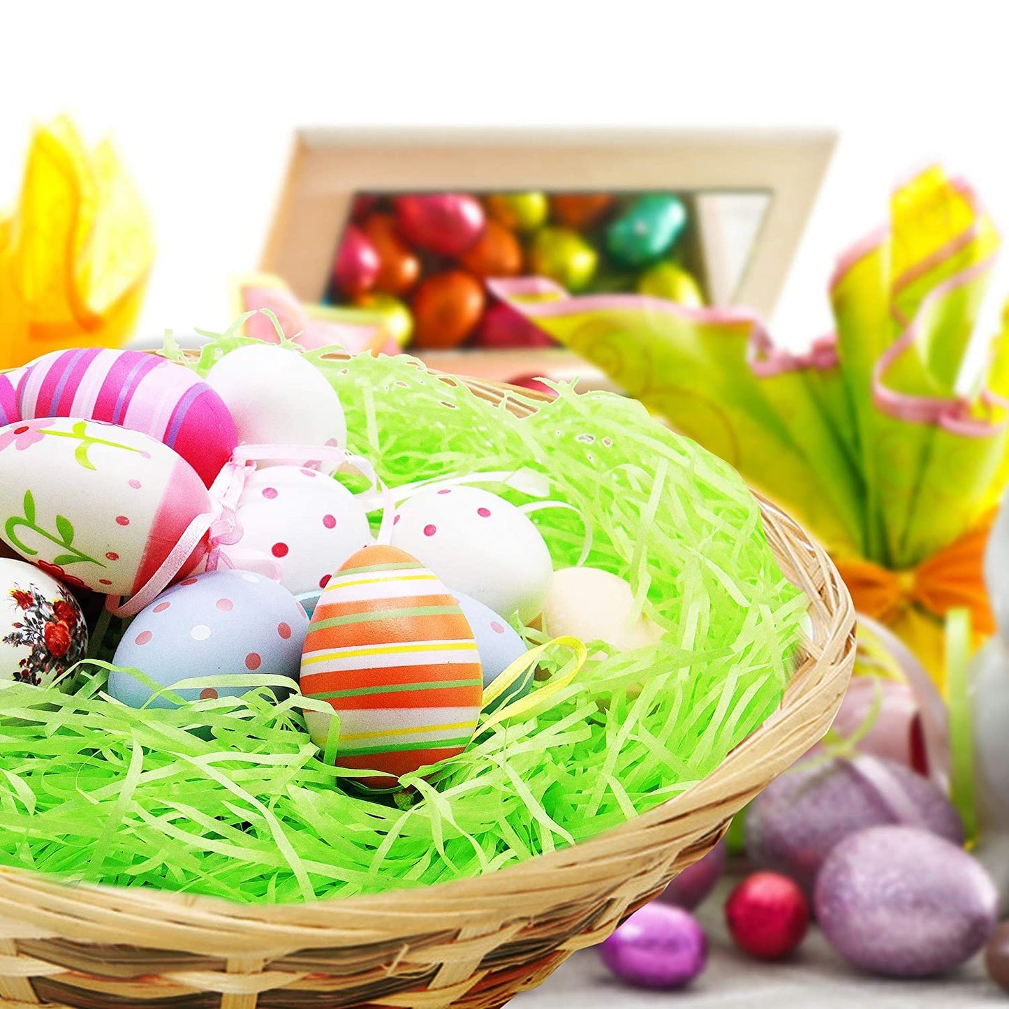 Easter Grass Recyclable Paper Shred (Pink, Yellow, Green) for Easter Eggs Hunt, Easter Basket Grass Filler/Stuffers, Easter Theme Party Decoration 240g (8.5 oz)