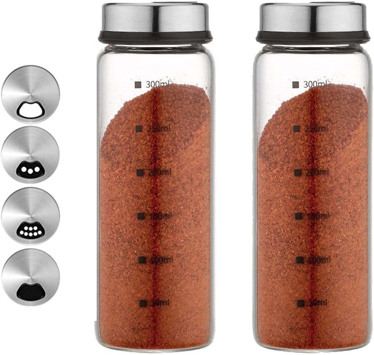 2 Piece 4-Neck Glass Seasoning Shakers with Adjustable Pour Holes - Moisture Resistant, Salt and Pepper Shakers - For Seasoning, Picnics (2 medium jars, 7oz each)