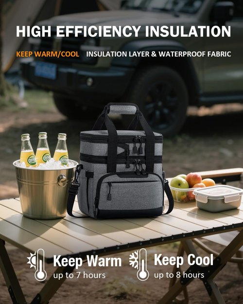 HORJONES Large Lunch Box for Men/Women Dual-Compartment Insulated Lunch Bag,Adults Expandable Leakproof Cooler Bag Lunch Tote with Adjustable Shoulder Strap for Work Camping Picnic,Grey 24-Can(14L)