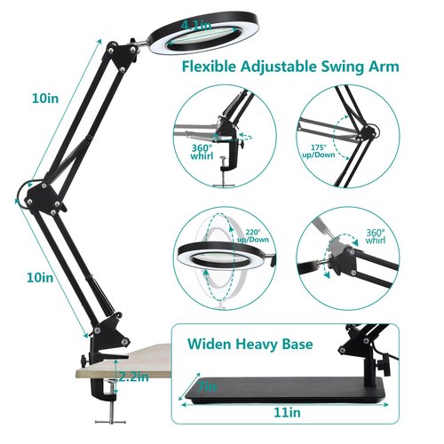 10X Magnifying Glass with Light and Stand, KUVRS Flexible Magnetic Helping Hands, Large Base & Clamp Magnifying Lamp, 3 Color Adjustable Arm Hands Free Magnifier with Light for Soldering Craft Hobby