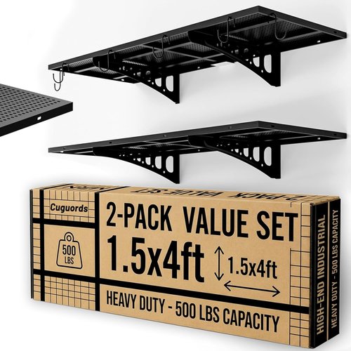 Garage Wall Shelving by [Brand Name] - 1.5x4ft Heavy-Duty Metal Rack | 500 Lbs Capacity, Complete Install Kit & Hooks, Black