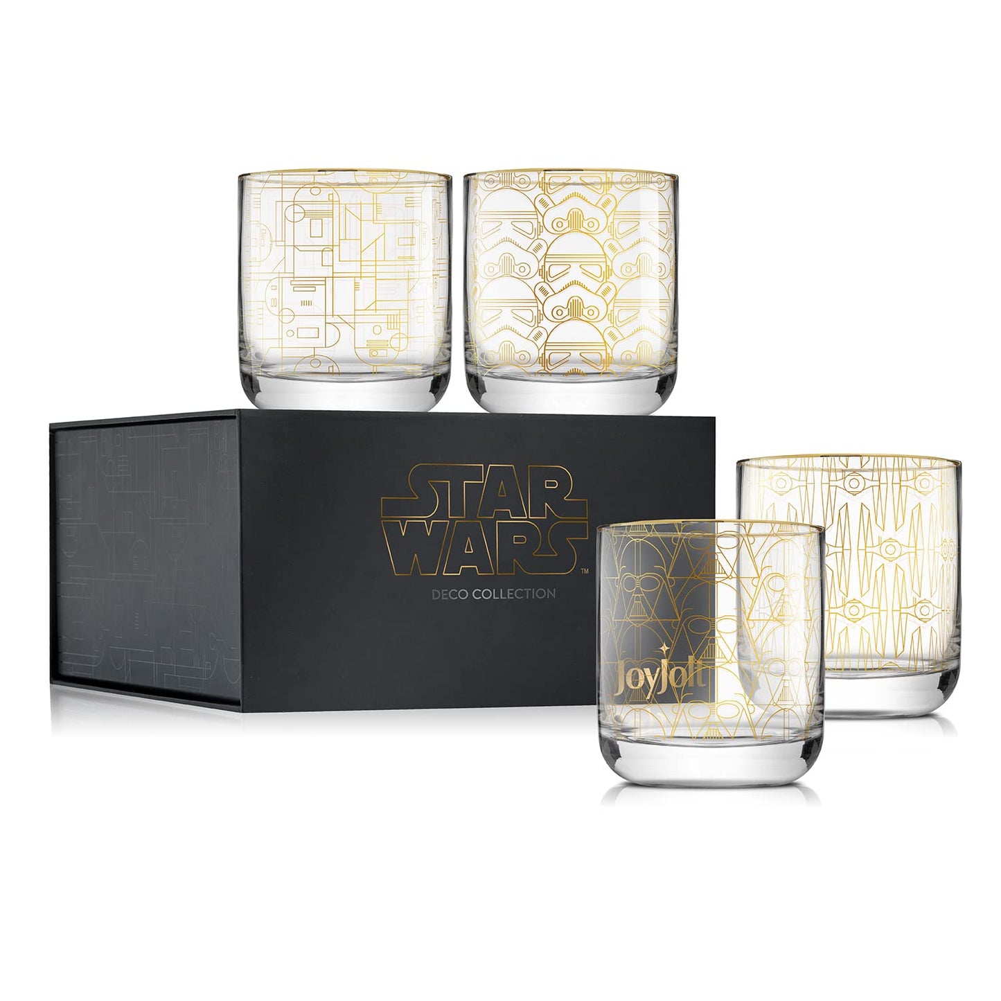 JoyJolt Star Wars Glassware. 'Deco' Lowball Glasses Set of 4, 10oz Star Wars Glasses. Short Tumbler with Darth Vader in Retro Crystal Glass Cup. Double Old Fashioned Rocks or Water Glass