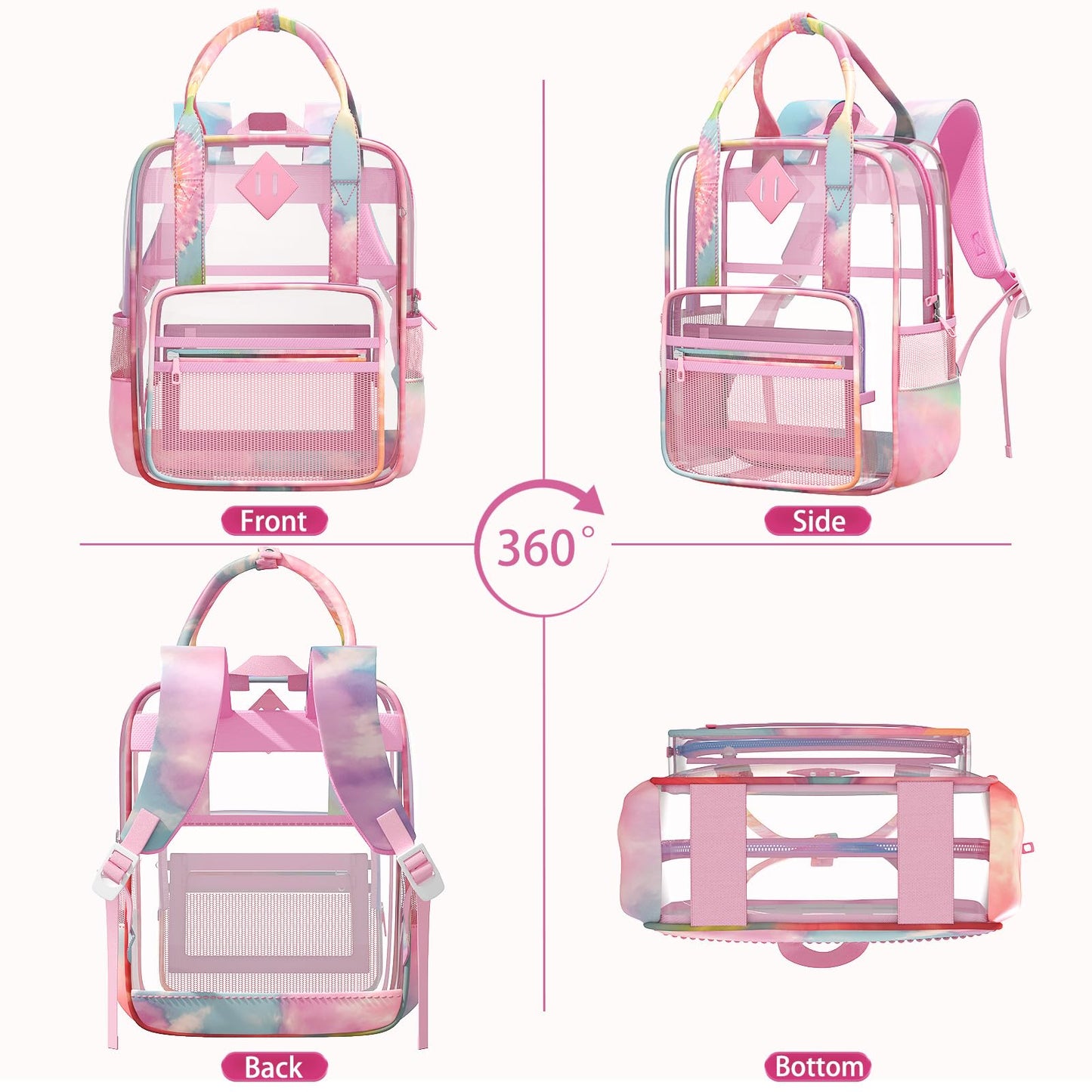 Rinooau Clear Backpack Heavy Duty, PVC Clear Bag for Stadium Events See Through Pink Bookbag, Transparent Backpack for Girls Women Kids Stadium Approved Clears Concert Bag for School Work Travel