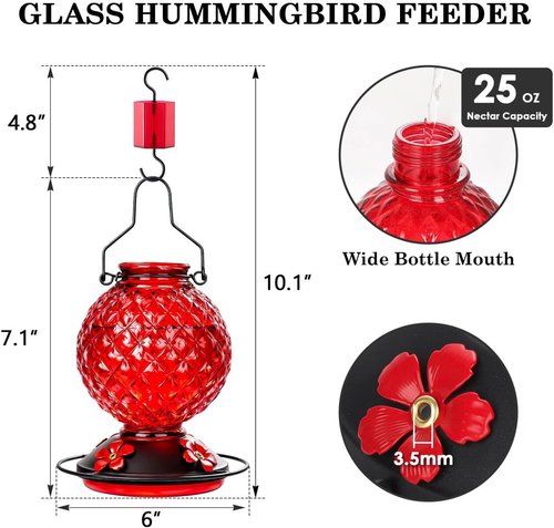Glass Hummingbird Feeder - 25 OZ Outdoor Nectar Feeder with 4 Bee Guards & Ant Moat | 2 Pack, Red