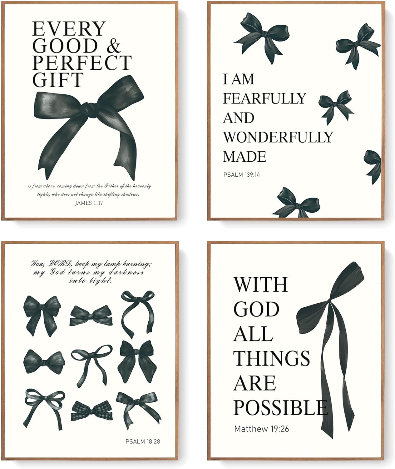 LARTSFRO Coquette Black Bow Wall Art Decor - Inspirational Bible Verses | 12x16 Inch Set of 4 Unframed Prints