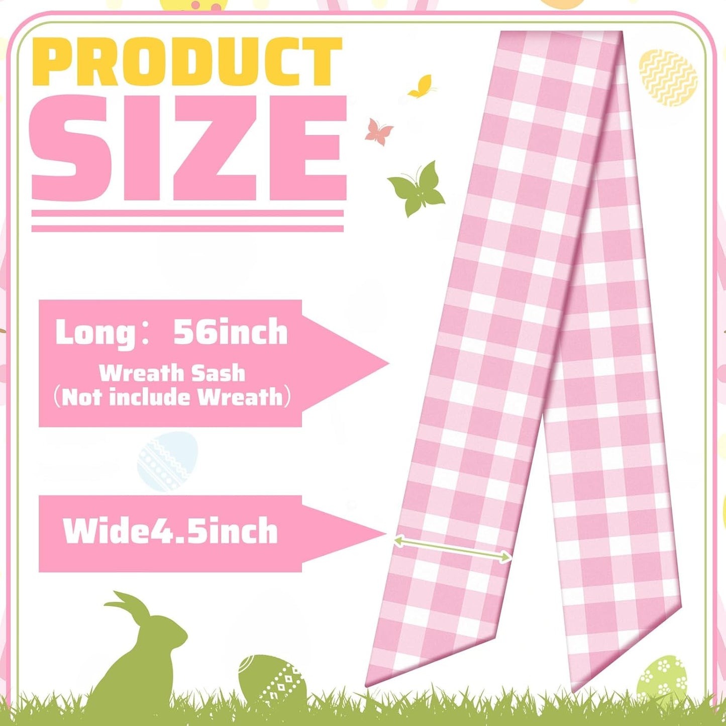 VitalCozy Wreath Sash Set - Chinoiserie Easter & Spring Decor | 4.5" W x 56" L (Pink Grid)