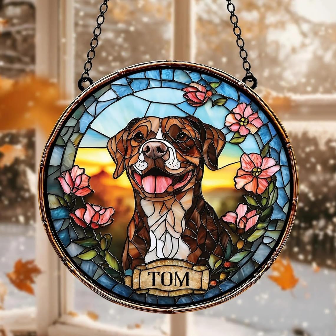 Skiennix Custom Dog Portrait Stained Glass Light Catcher - Personalized Pet Memorial Gift | Unique Sympathy Keepsake