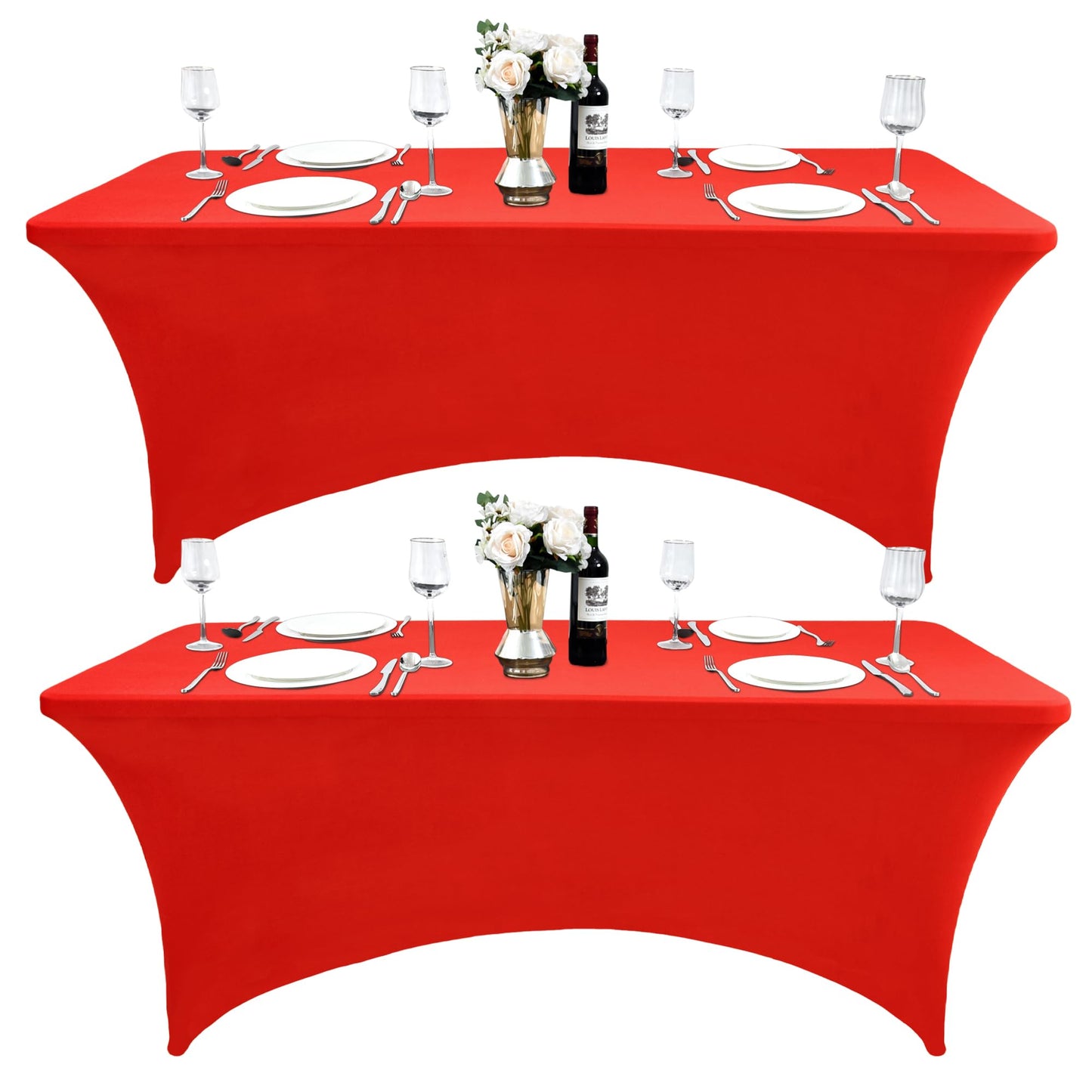 ZarzaaSik 6-Pack 8ft Red Spandex Table Covers for Rectangle Folding Tables - Washable Elastic Tablecloth - Ultimate Fitted Table Protector for Birthday Parties, Trade Shows, Banquet